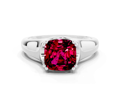 White gold Cushion Cut Garnet Solitaire Ring with Wide Band and Prong Setting