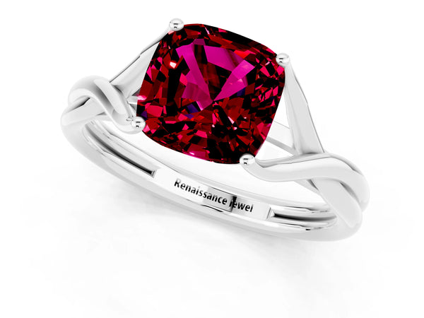 White gold Cushion Cut Garnet Solitaire Twist Band Prong Setting Ring