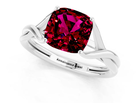 White gold Cushion Cut Garnet Solitaire Twist Band Prong Setting Ring_127