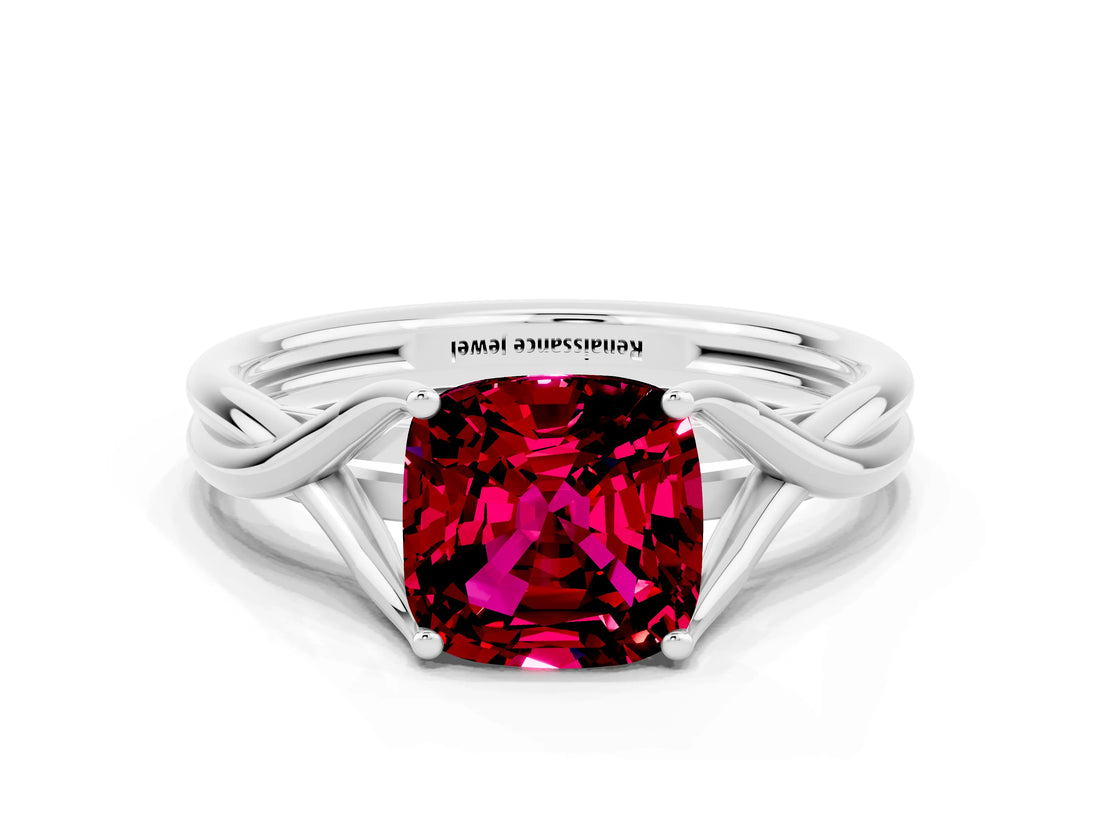 White gold Cushion Cut Garnet Solitaire Twist Band Prong Setting Ring_129