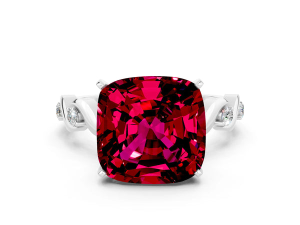 Platinum Cushion Cut Garnet Solitaire Twisted Band with Round  Accents and Prong Setting