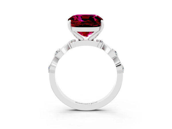 Platinum Cushion Cut Garnet Solitaire Twisted Band with Round  Accents and Prong Setting