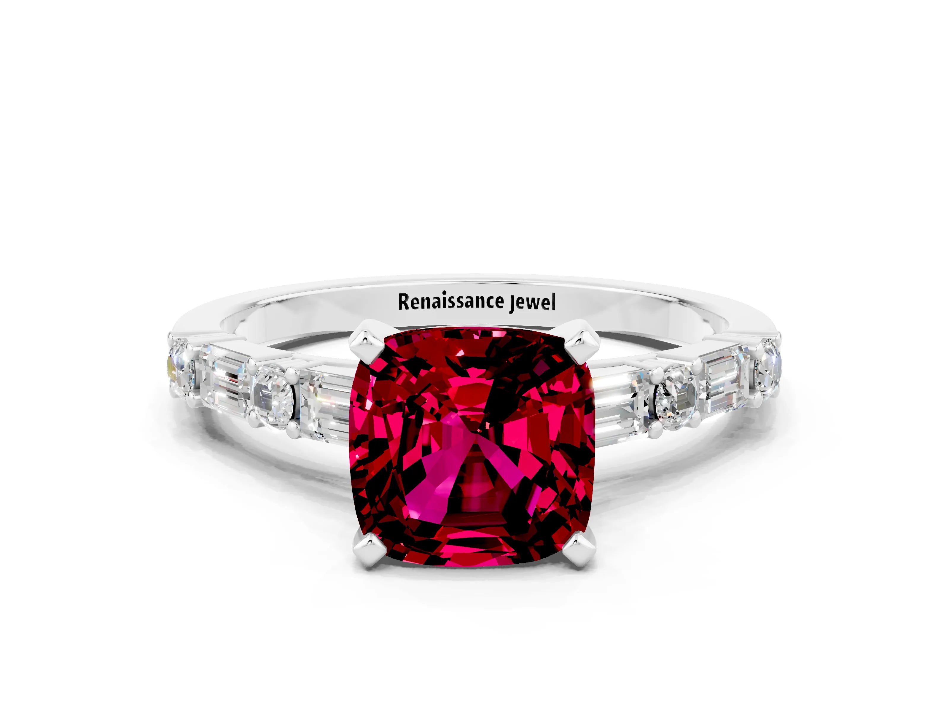 White gold Cushion Cut Garnet Solitaire with Side Baguettes and Channel Set Band