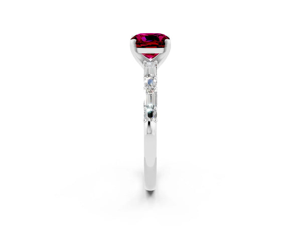 Platinum Cushion Cut Garnet Solitaire with Side Baguettes and Channel Set Band