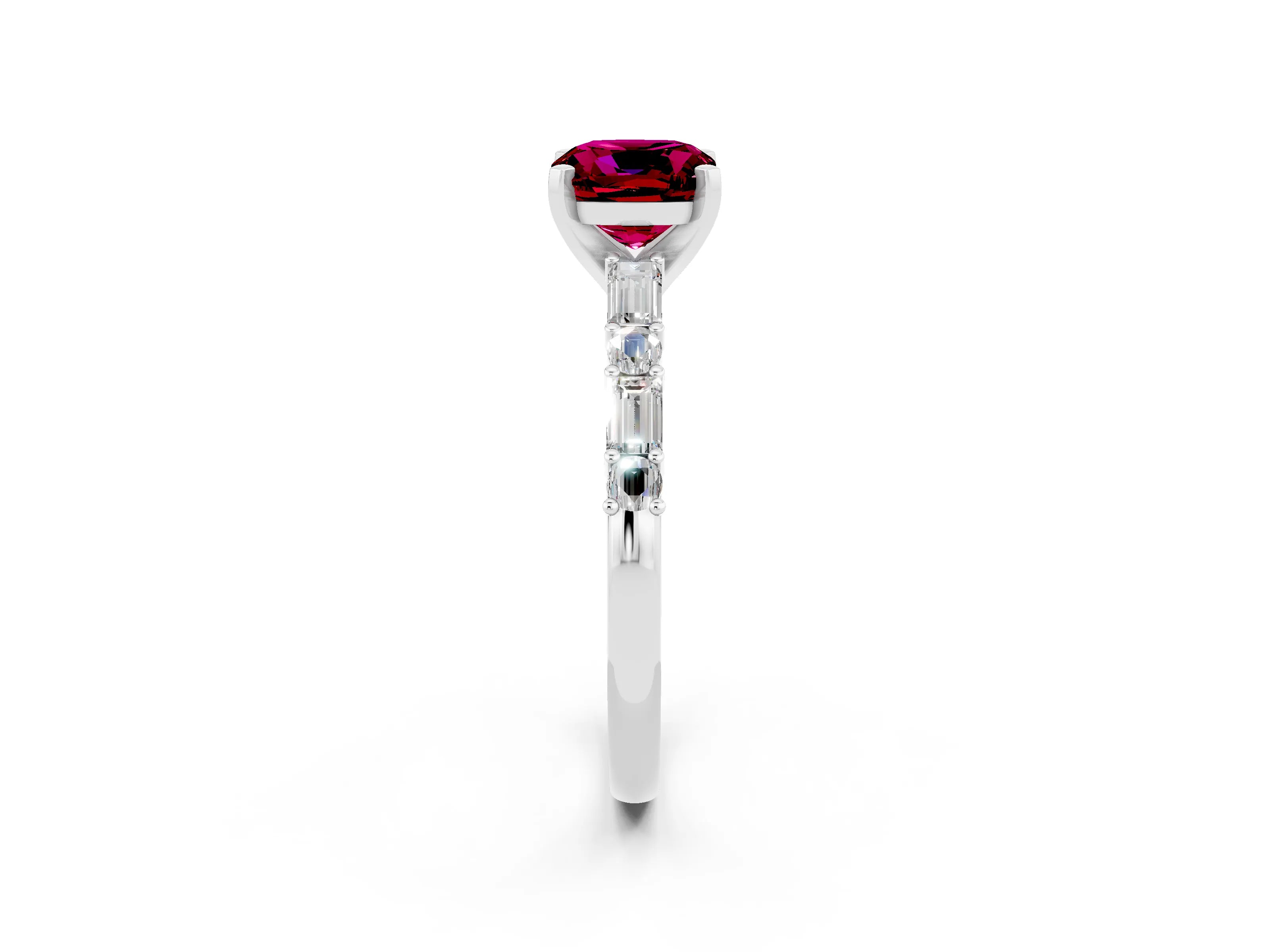 White gold Cushion Cut Garnet Solitaire with Side Baguettes and Channel Set Band_2