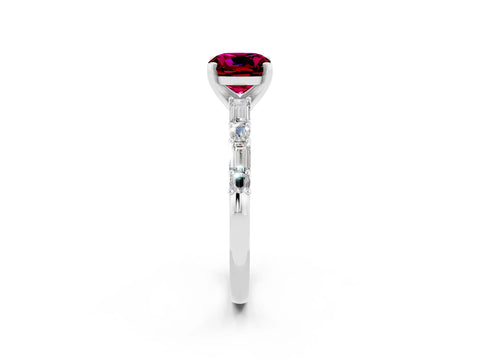 White gold Cushion Cut Garnet Solitaire with Side Baguettes and Channel Set Band_2