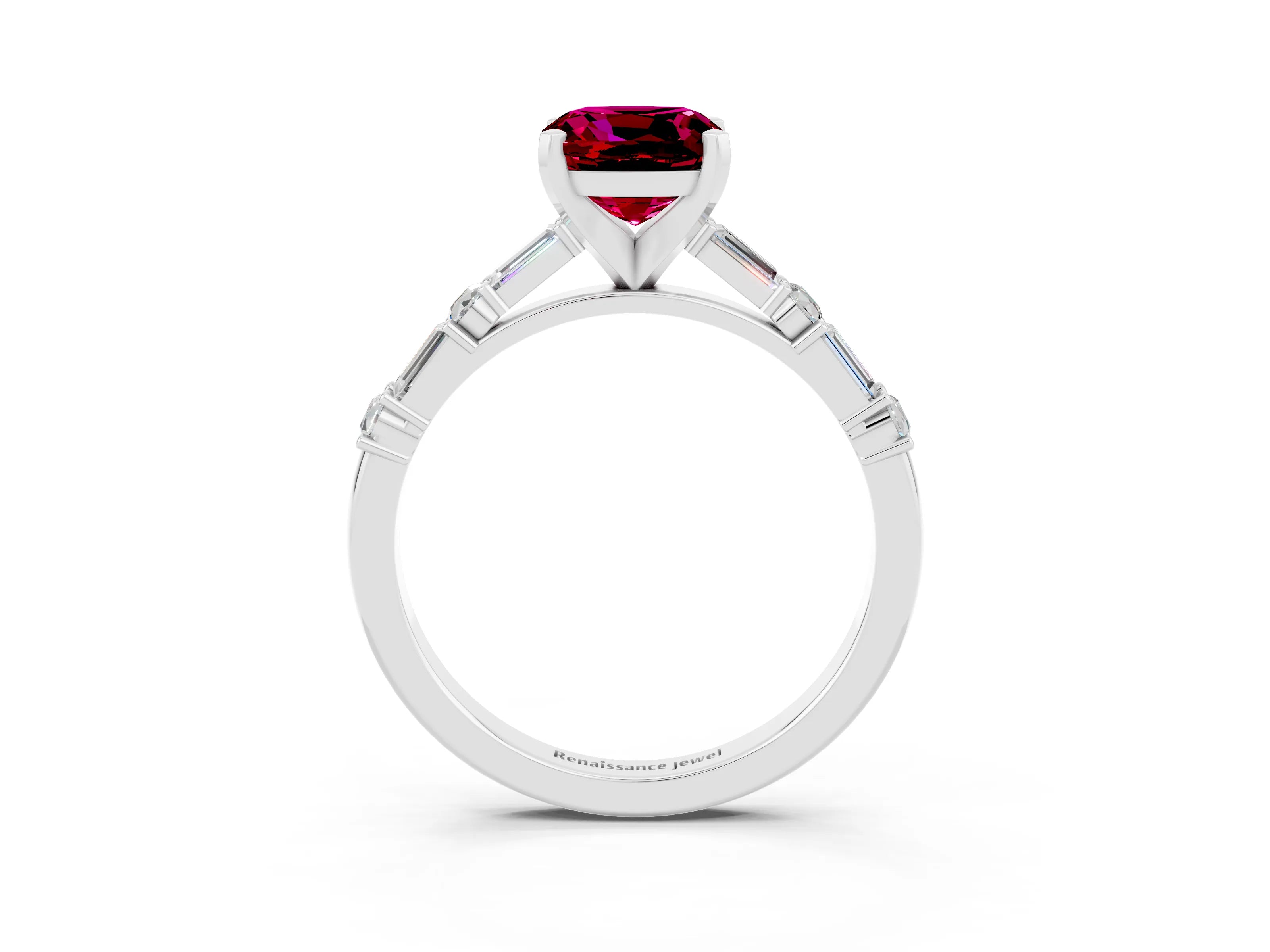 White gold Cushion Cut Garnet Solitaire with Side Baguettes and Channel Set Band_3