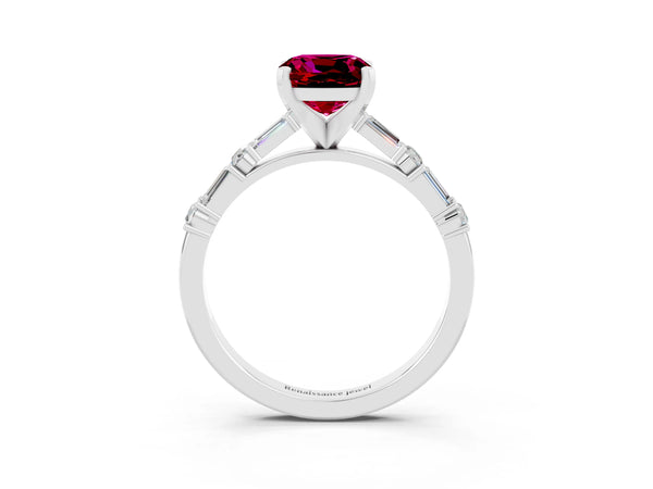 Silver Cushion Cut Garnet Solitaire with Side Baguettes and Channel Set Band