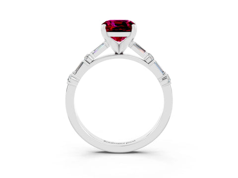 White gold Cushion Cut Garnet Solitaire with Side Baguettes and Channel Set Band_3