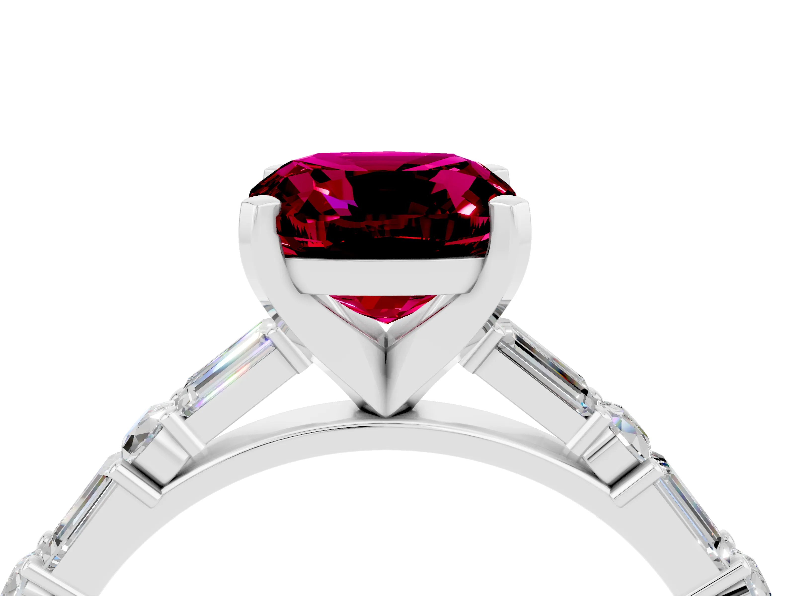 White gold Cushion Cut Garnet Solitaire with Side Baguettes and Channel Set Band_4