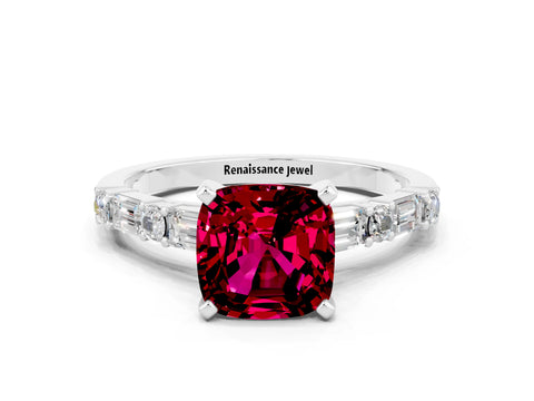 White gold Cushion Cut Garnet Solitaire with Side Baguettes and Channel Set Band