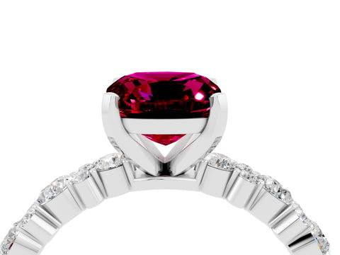 White gold Cushion Cut Garnet Solitaire with Side Stones, Pave Band, Four-Prong Setting_40