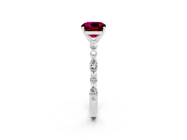 Silver Cushion Cut Garnet Ring with Marquise and Round  Side Stones and Four-Prong Setting