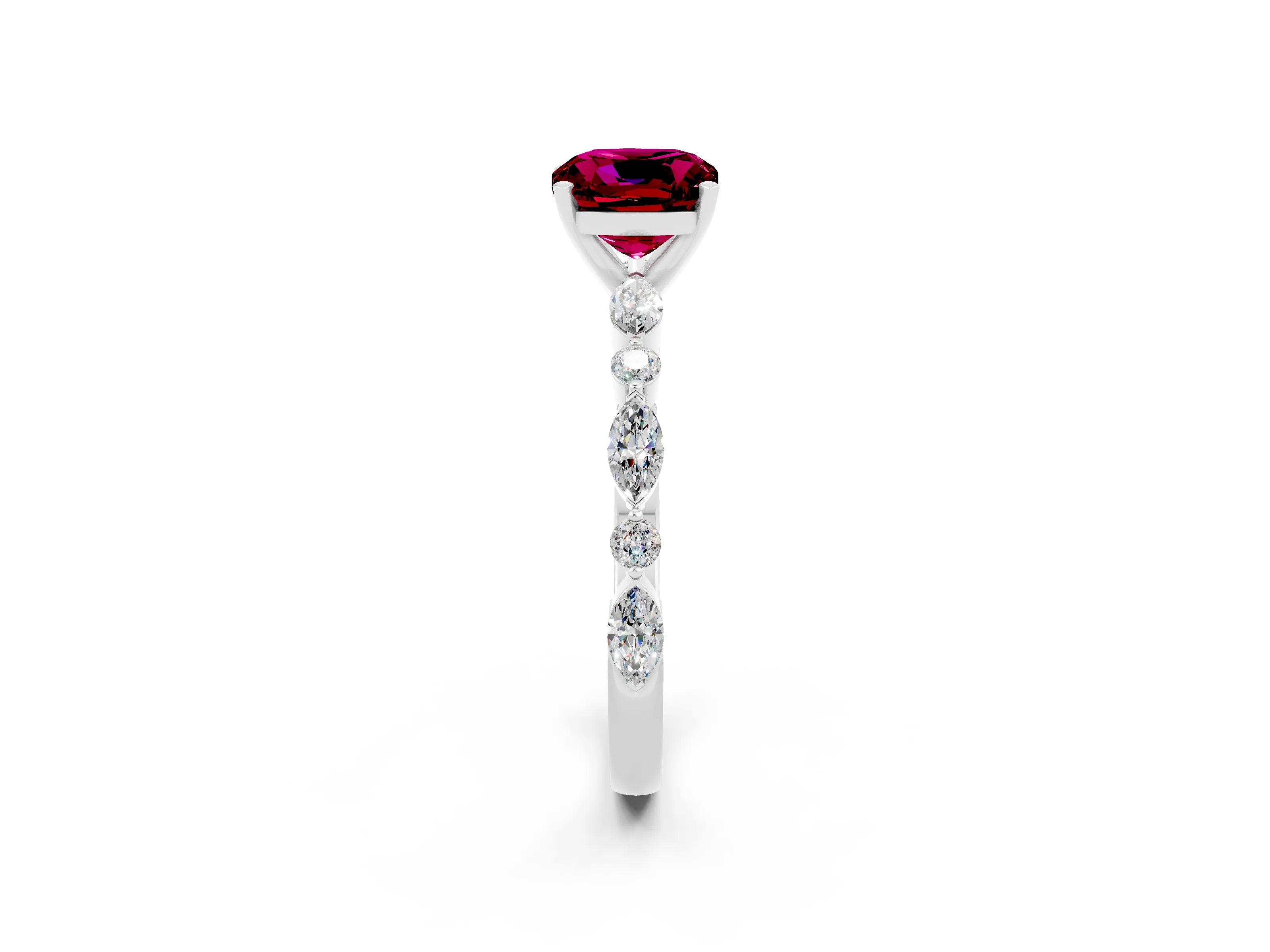 White gold Cushion Cut Garnet Solitaire with Side Stones on a Pavé Band and Four-Prong Setting_2