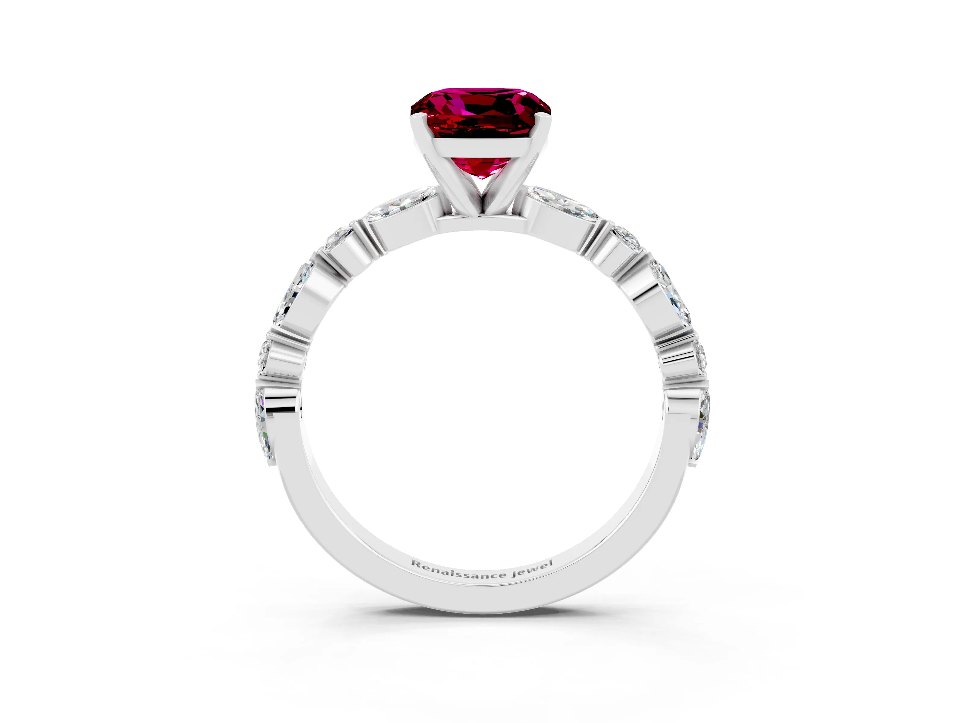 White gold Cushion Cut Garnet Solitaire with Side Stones on a Pavé Band and Four-Prong Setting_3