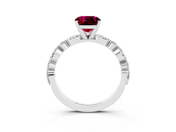 Silver Cushion Cut Garnet Ring with Marquise and Round  Side Stones and Four-Prong Setting