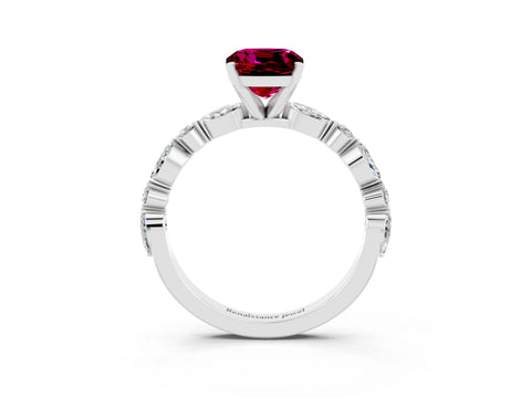 White gold Cushion Cut Garnet Solitaire with Side Stones on a Pavé Band and Four-Prong Setting_3