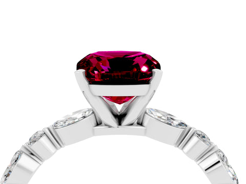 White gold Cushion Cut Garnet Solitaire with Side Stones on a Pavé Band and Four-Prong Setting_4