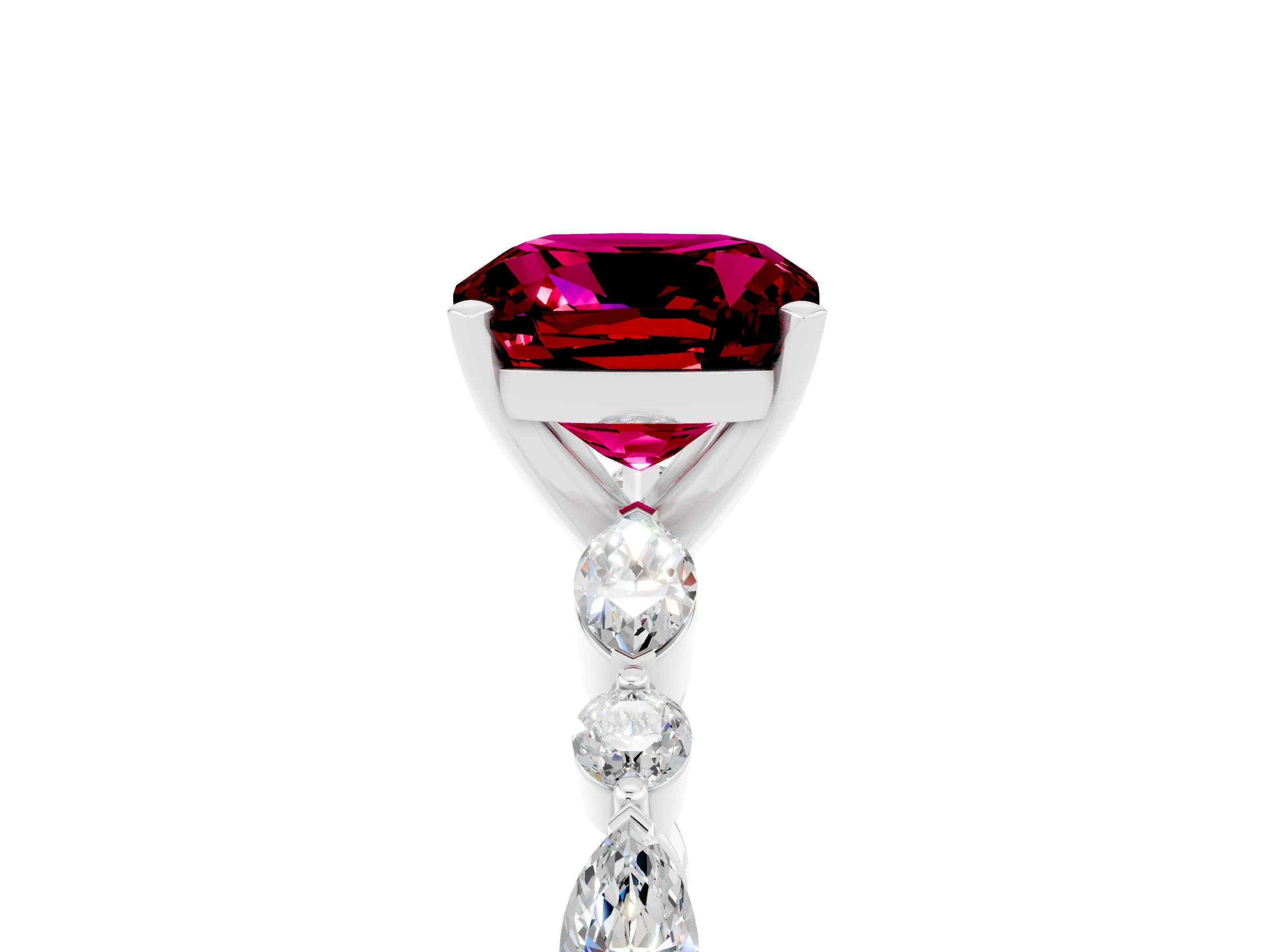 White gold Cushion Cut Garnet Solitaire with Side Stones on a Pavé Band and Four-Prong Setting_5