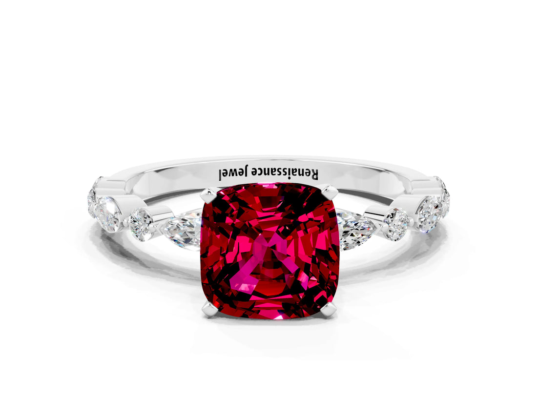 White gold Cushion Cut Garnet Solitaire with Side Stones on a Pavé Band and Four-Prong Setting