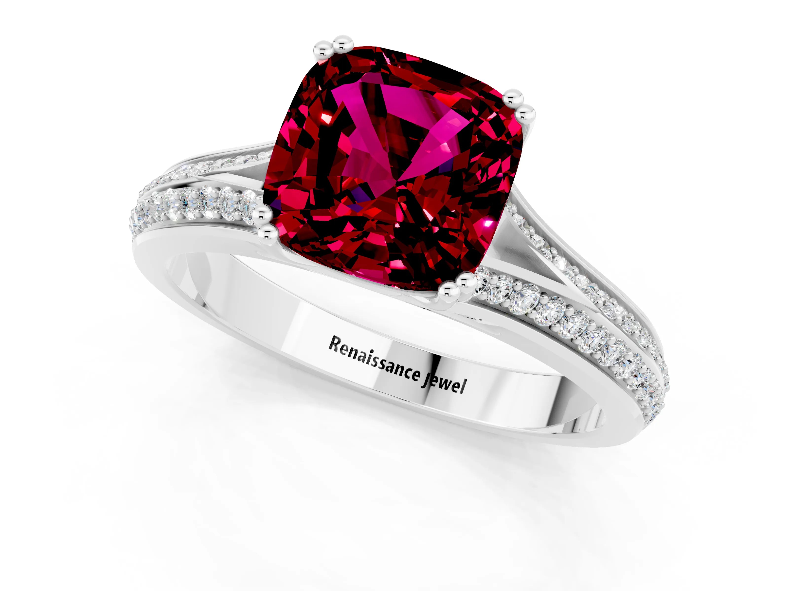 White gold Cushion Cut Garnet Split Shank Engagement Ring with Pavé Band_1