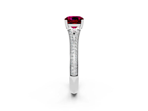 Platinum Cushion Cut Garnet Split Shank Engagement Ring with Pavé Band