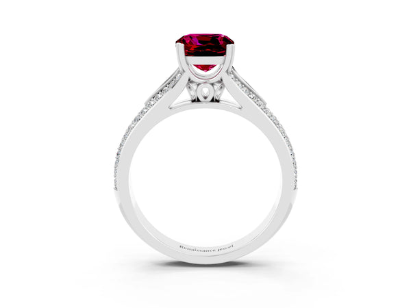 Platinum Cushion Cut Garnet Split Shank Engagement Ring with Pavé Band
