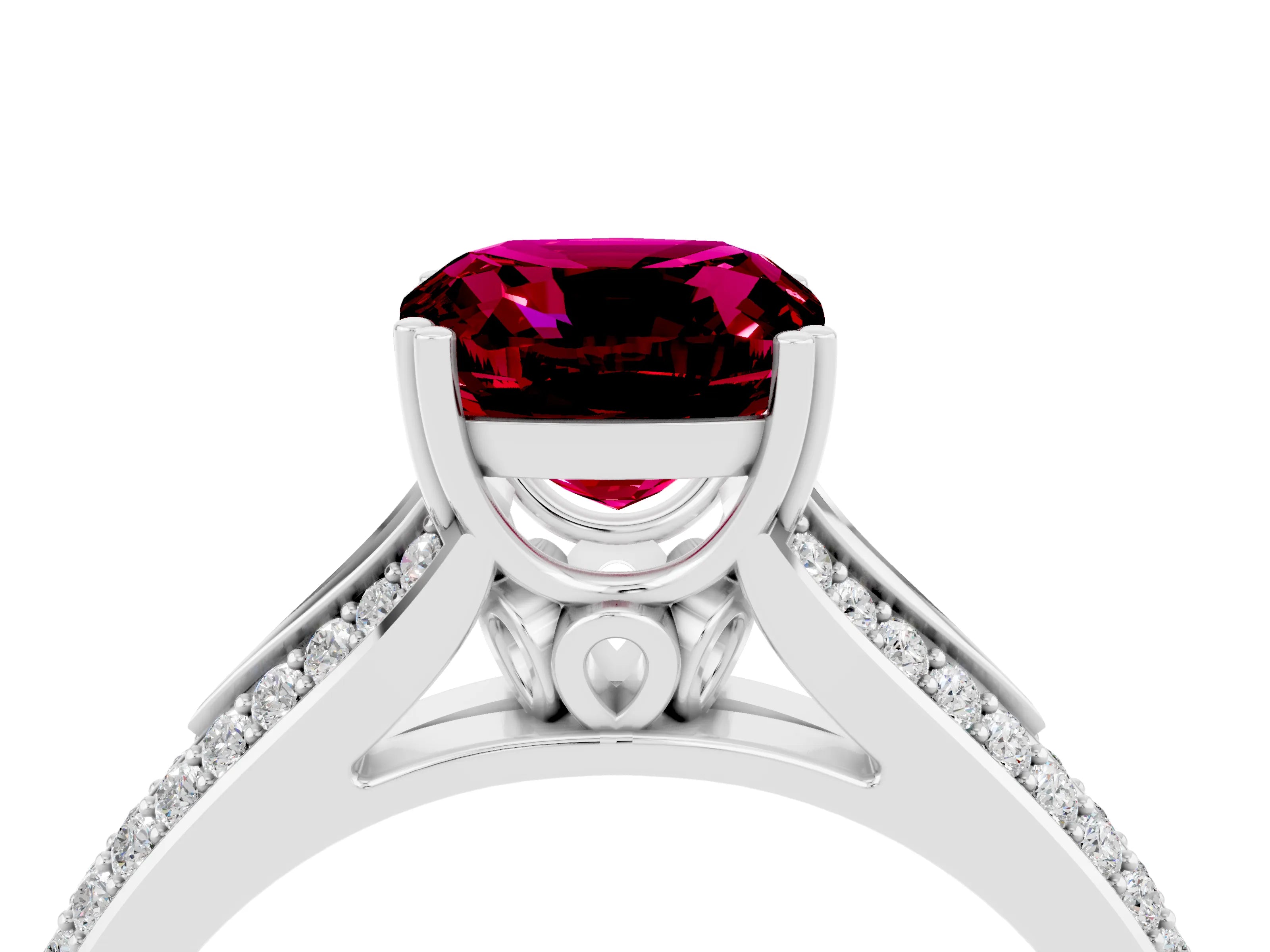 White gold Cushion Cut Garnet Split Shank Engagement Ring with Pavé Band_4