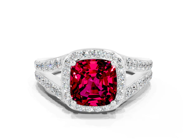 Platinum Cushion Cut Garnet Split Shank Halo Ring with Four-Prong Setting