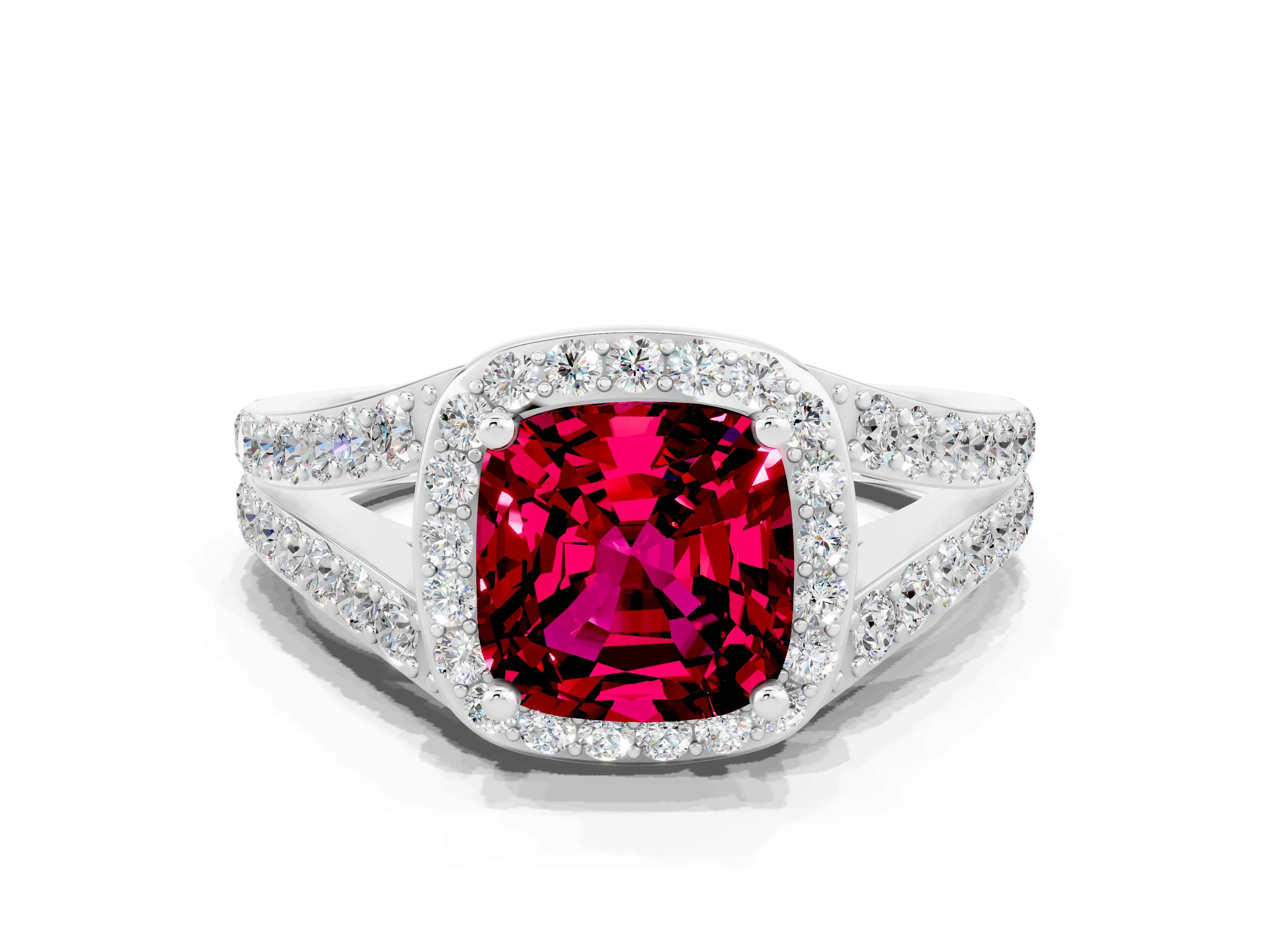 White gold Cushion Cut Garnet Split Shank Halo Ring with Four-Prong Setting_12