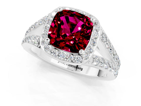 White gold Cushion Cut Garnet Split Shank Halo Ring with Four-Prong Setting_13