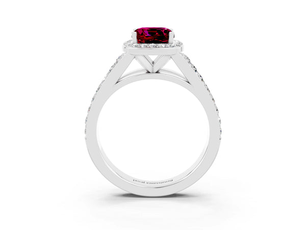 Platinum Cushion Cut Garnet Split Shank Halo Ring with Four-Prong Setting