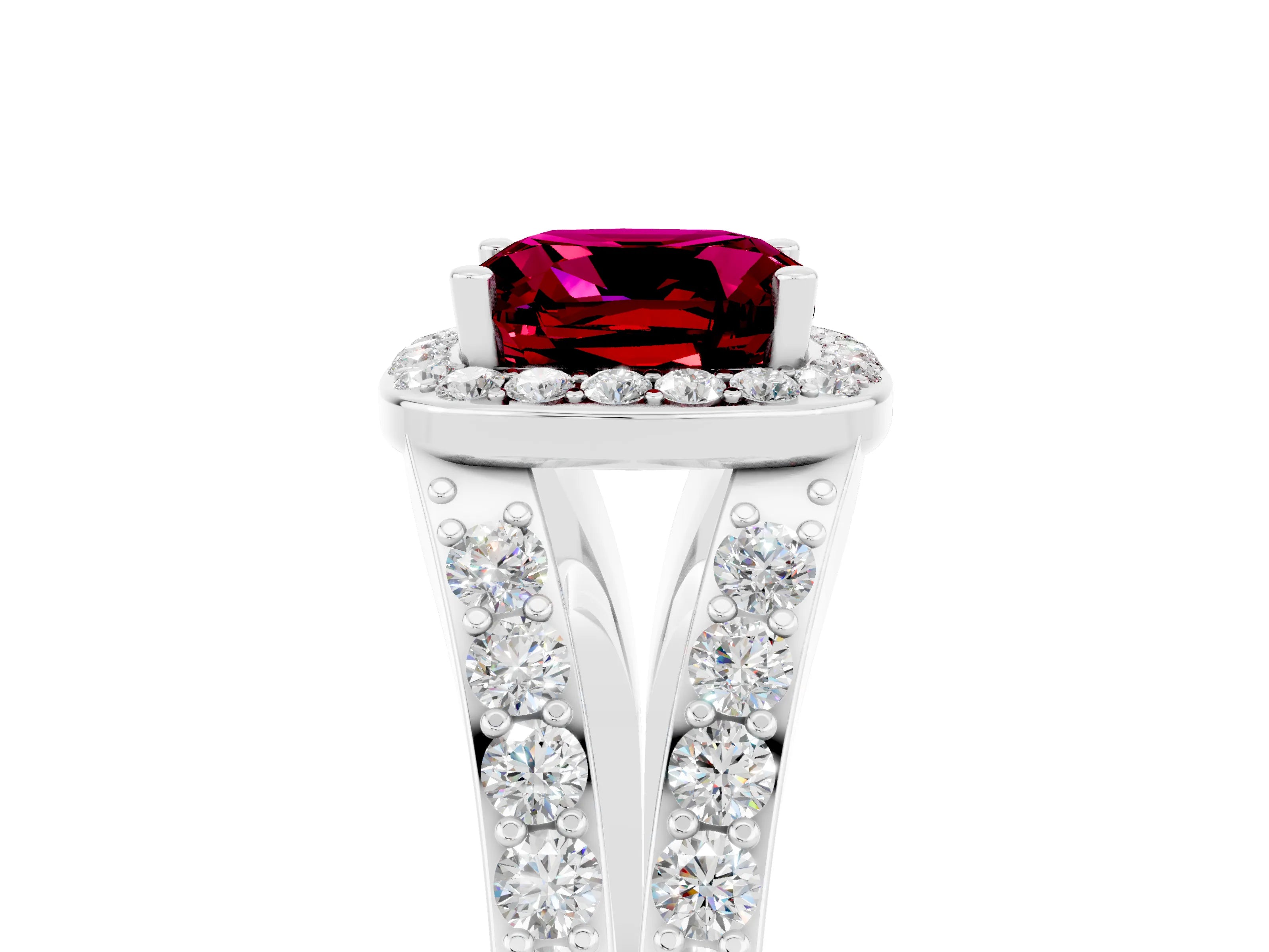 White gold Cushion Cut Garnet Split Shank Halo Ring with Four-Prong Setting_17