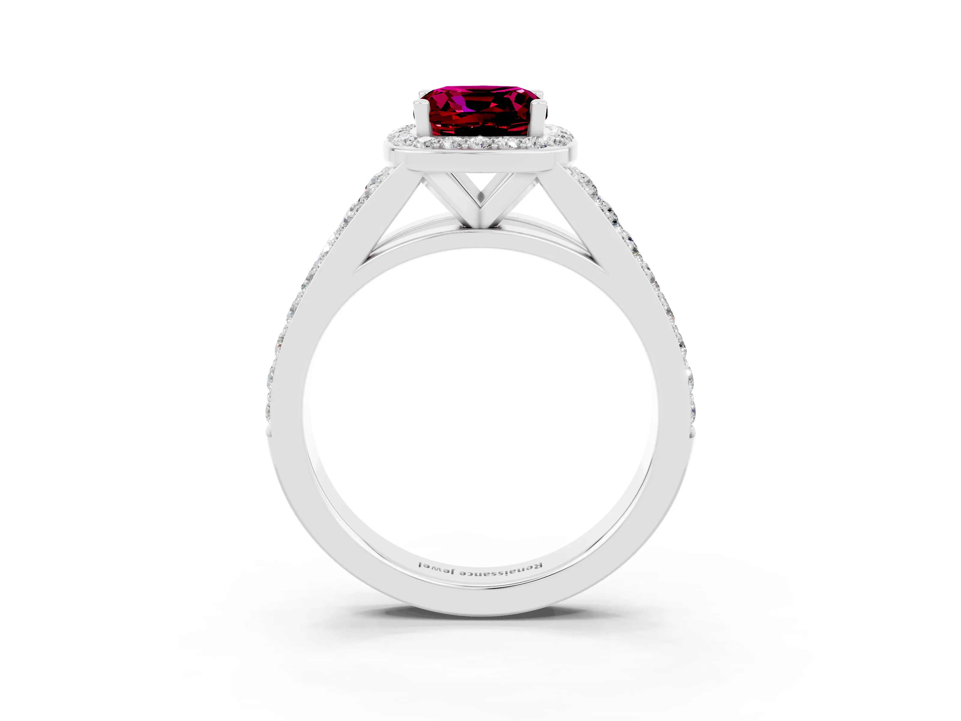 White gold Cushion Cut Garnet Split Shank Halo Ring with Four-Prong Setting_27