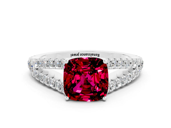 Platinum Cushion Cut Garnet Split Shank Pavé Engagement Ring with Four-Prong Setting