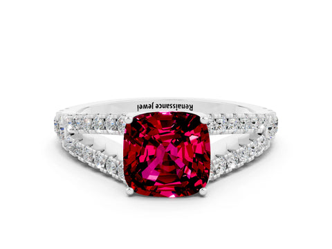 White gold Cushion Cut Garnet Split Shank Pavé Engagement Ring with Four-Prong Setting_12