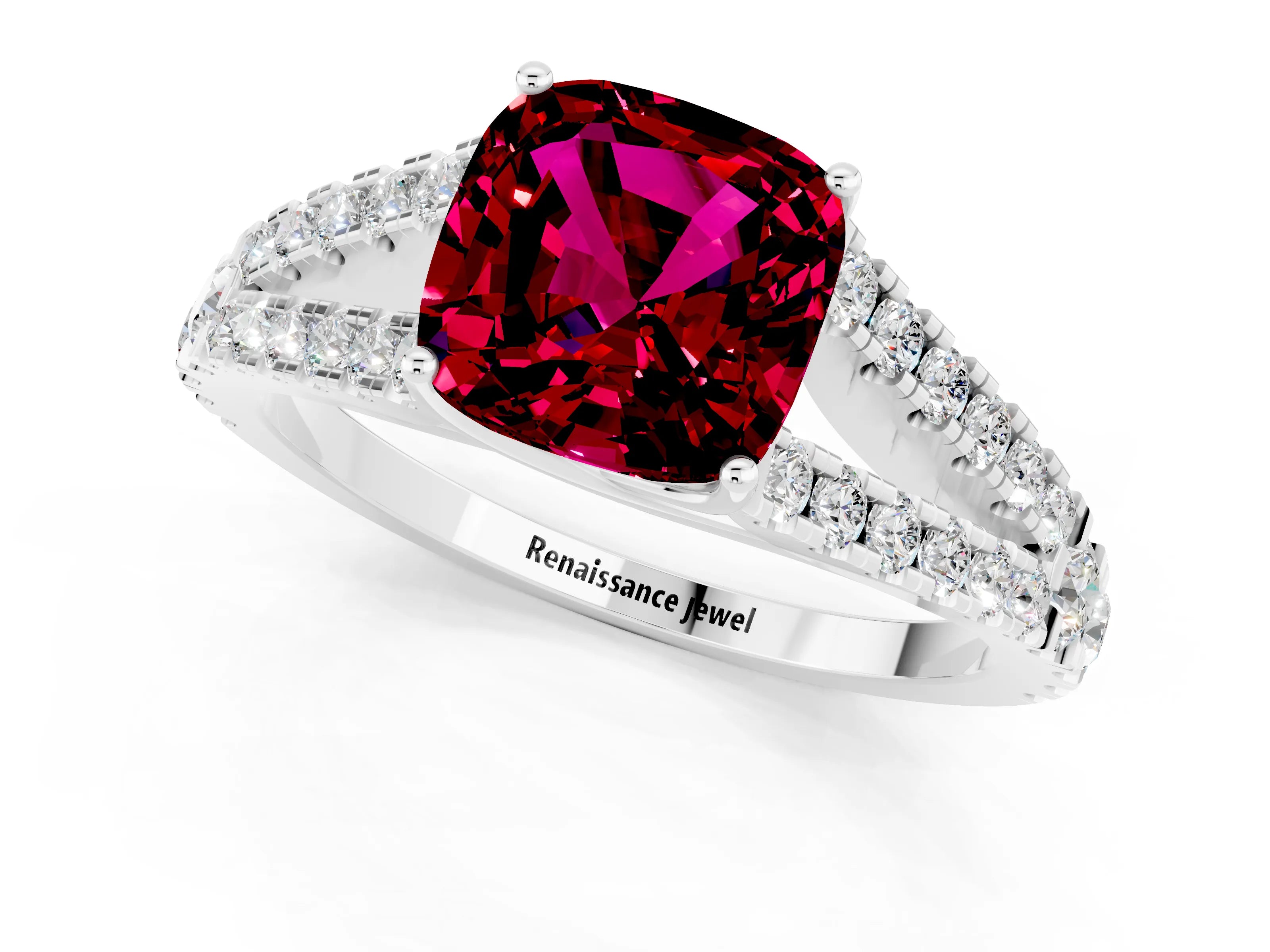 White gold Cushion Cut Garnet Split Shank Pavé Engagement Ring with Four-Prong Setting_13