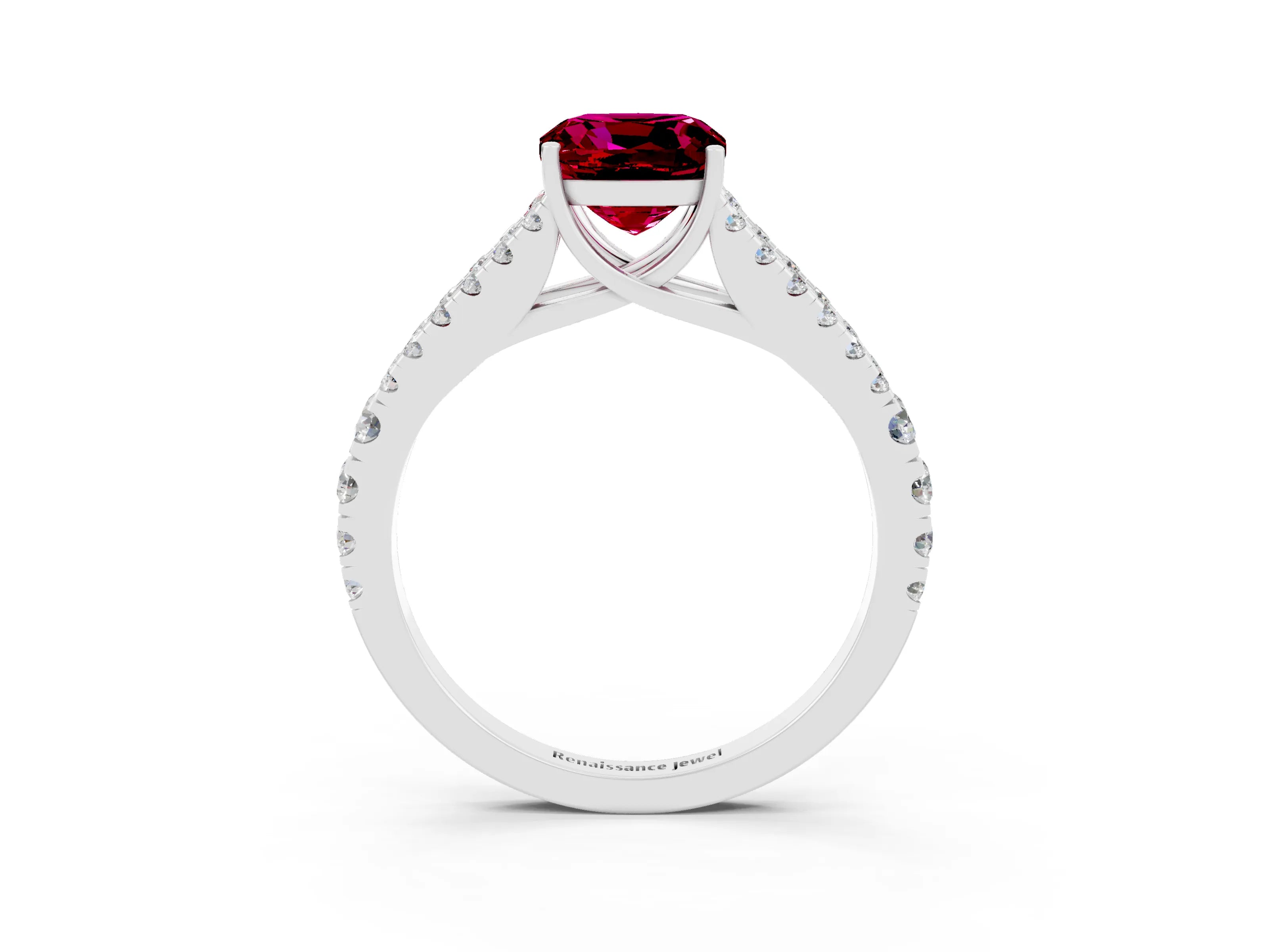 White gold Cushion Cut Garnet Split Shank Pavé Engagement Ring with Four-Prong Setting_15