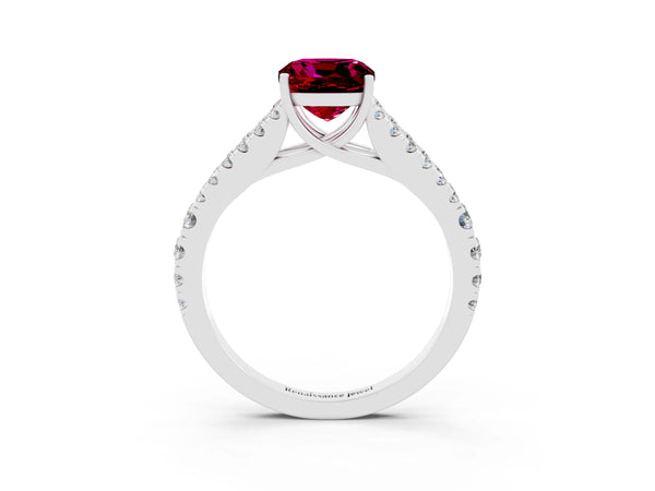 Platinum Cushion Cut Garnet Split Shank Pavé Engagement Ring with Four-Prong Setting