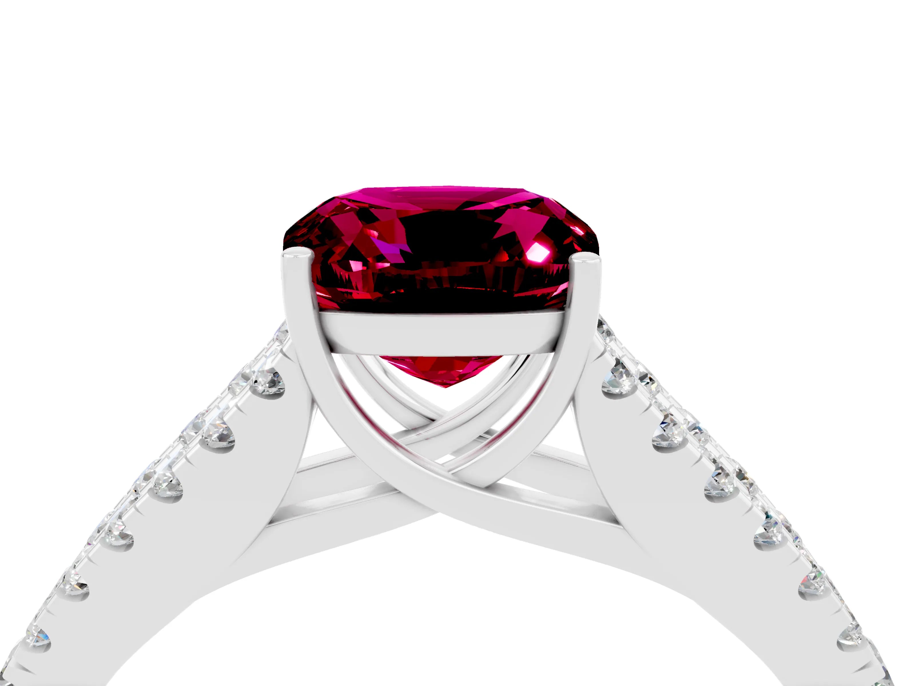 White gold Cushion Cut Garnet Split Shank Pavé Engagement Ring with Four-Prong Setting_16