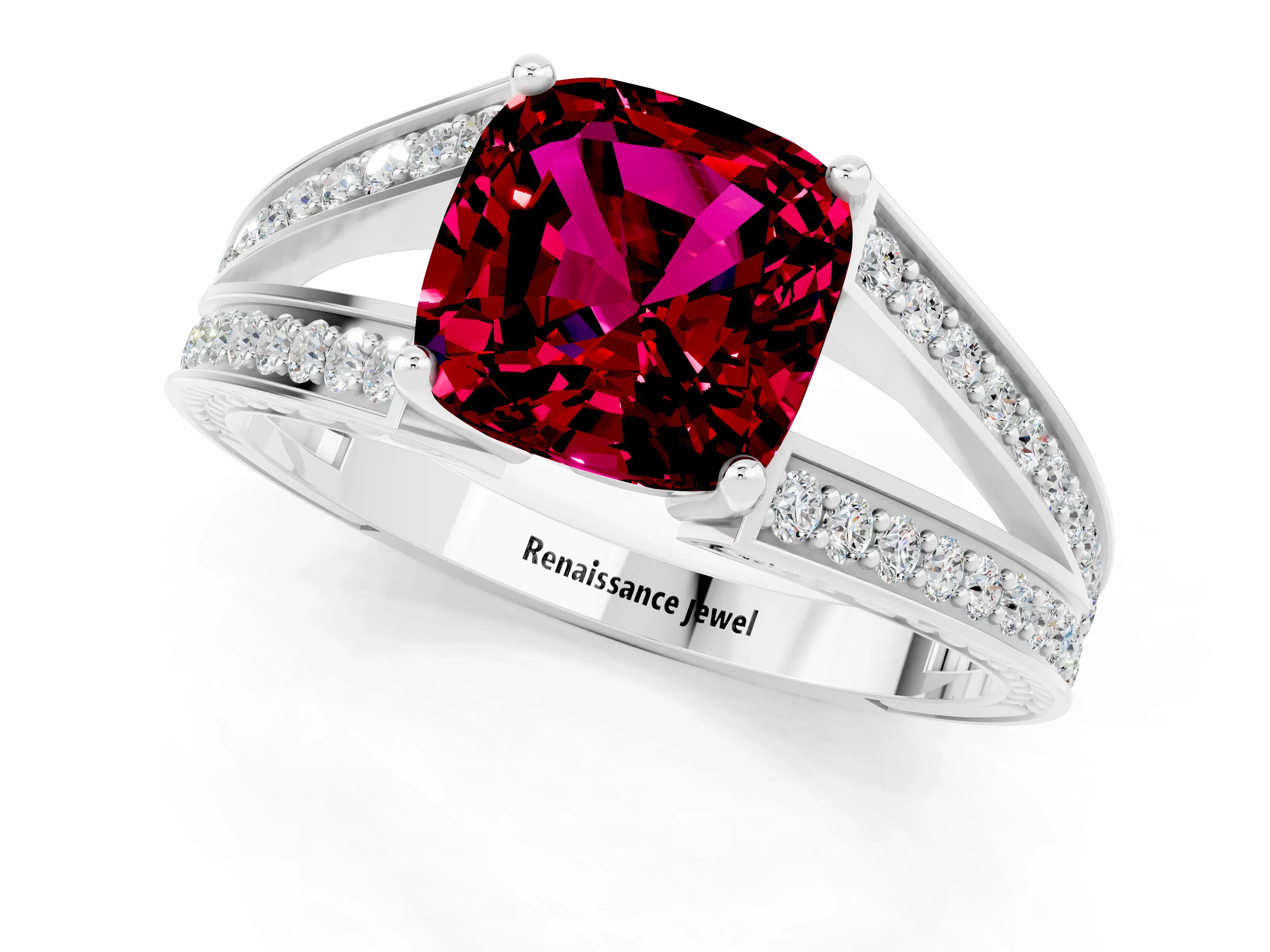 White gold Cushion Cut Garnet Split Shank Ring with Pavé Band and Four-Prong Setting_1