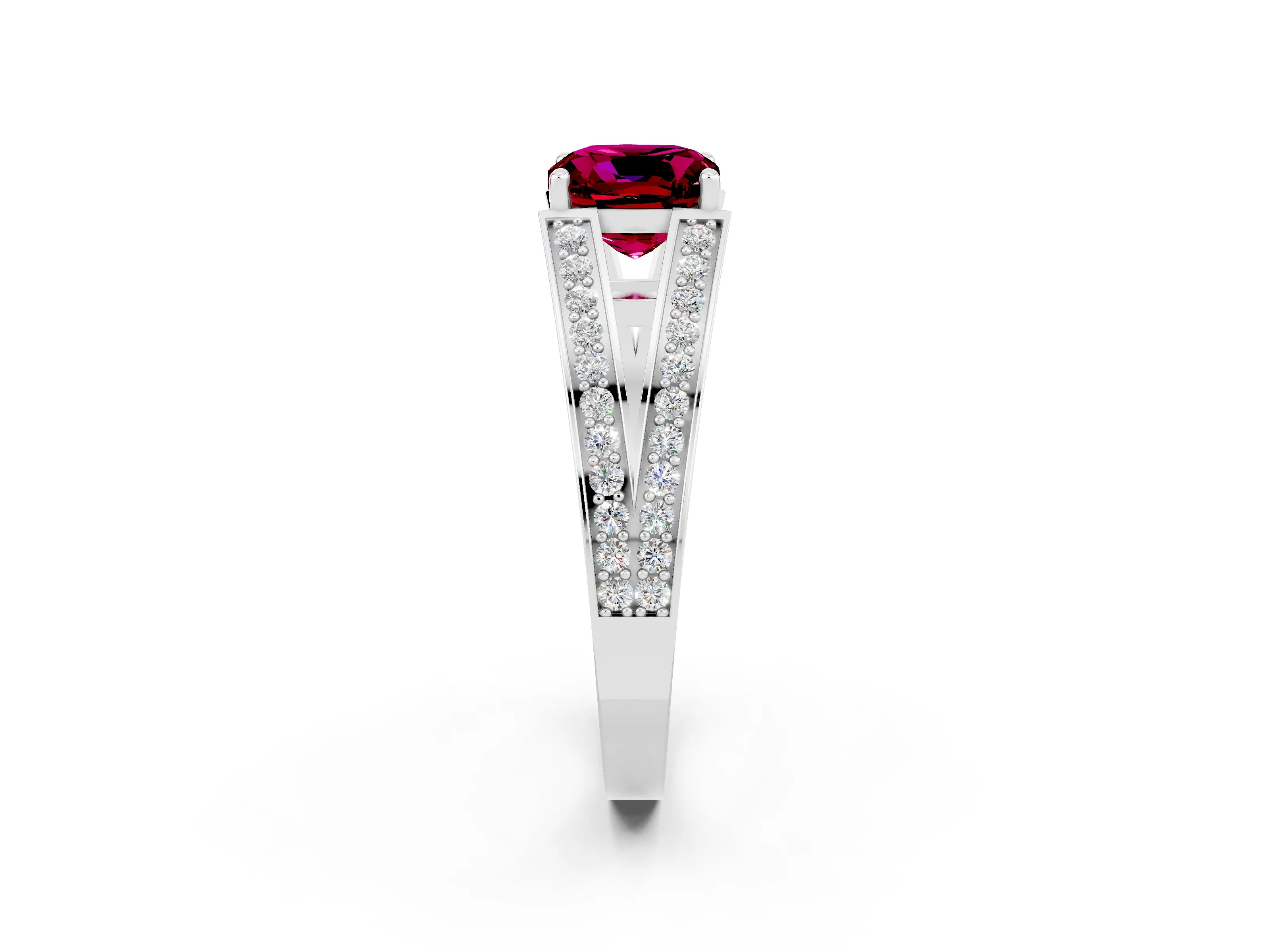 White gold Cushion Cut Garnet Split Shank Ring with Pavé Band and Four-Prong Setting_2