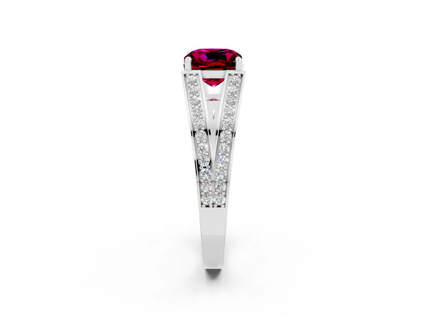 White gold Cushion Cut Garnet Split Shank Ring with Pavé Band and Four-Prong Setting