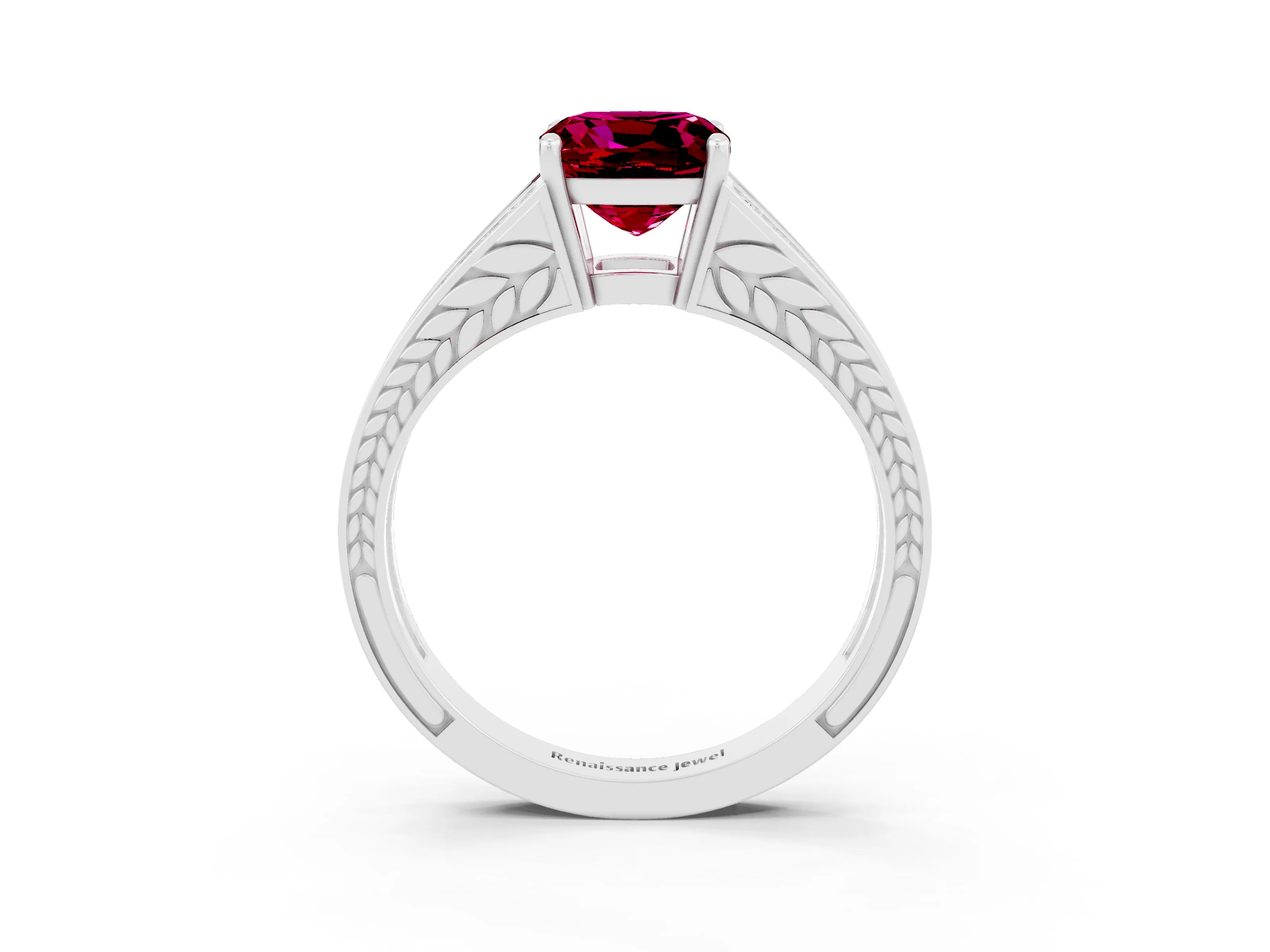 White gold Cushion Cut Garnet Split Shank Ring with Pavé Band and Four-Prong Setting_3