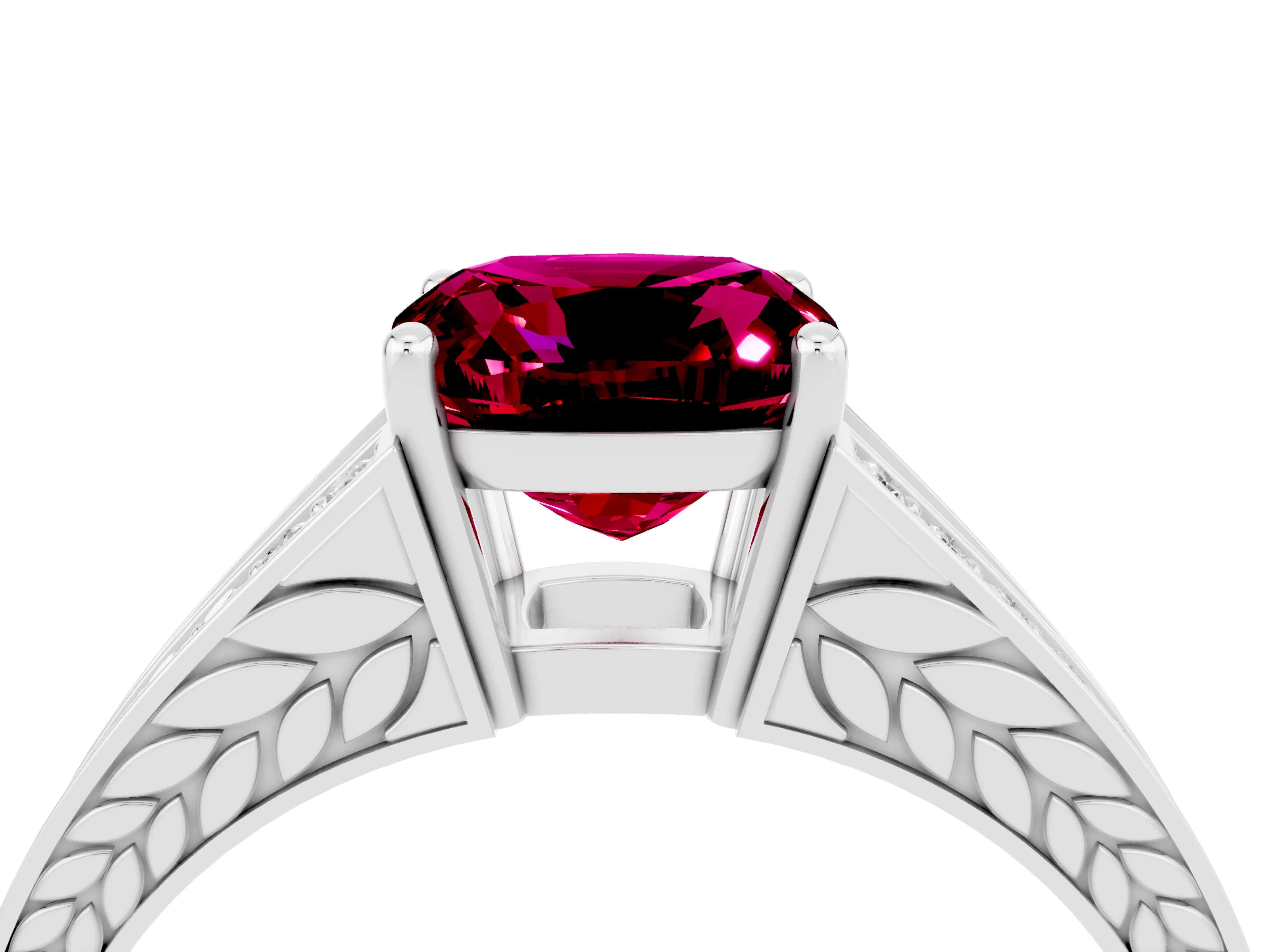 White gold Cushion Cut Garnet Split Shank Ring with Pavé Band and Four-Prong Setting_4
