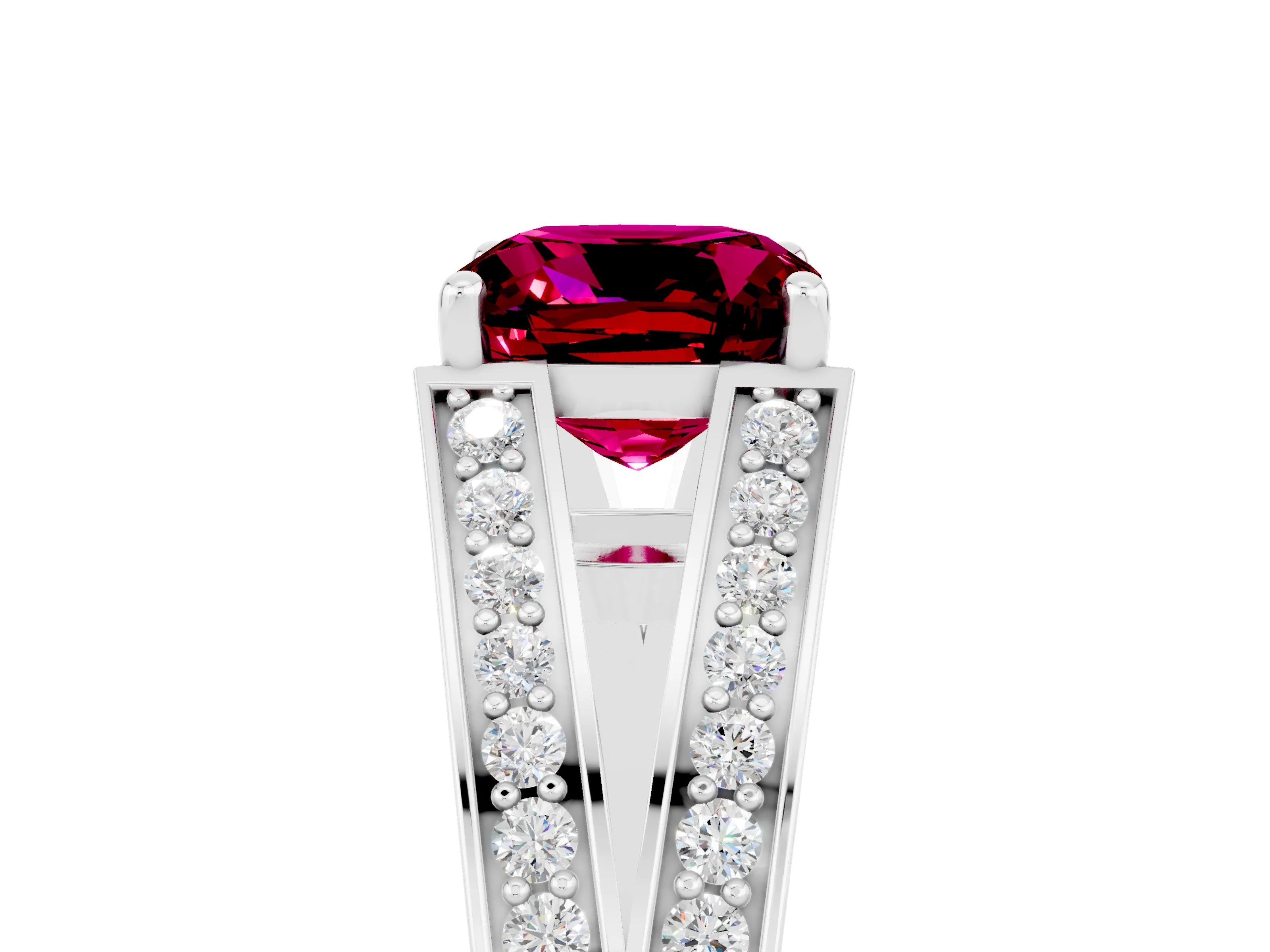 White gold Cushion Cut Garnet Split Shank Ring with Pavé Band and Four-Prong Setting_5