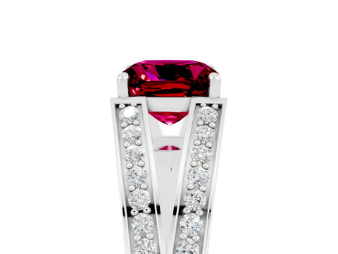 White gold Cushion Cut Garnet Split Shank Ring with Pavé Band and Four-Prong Setting_5