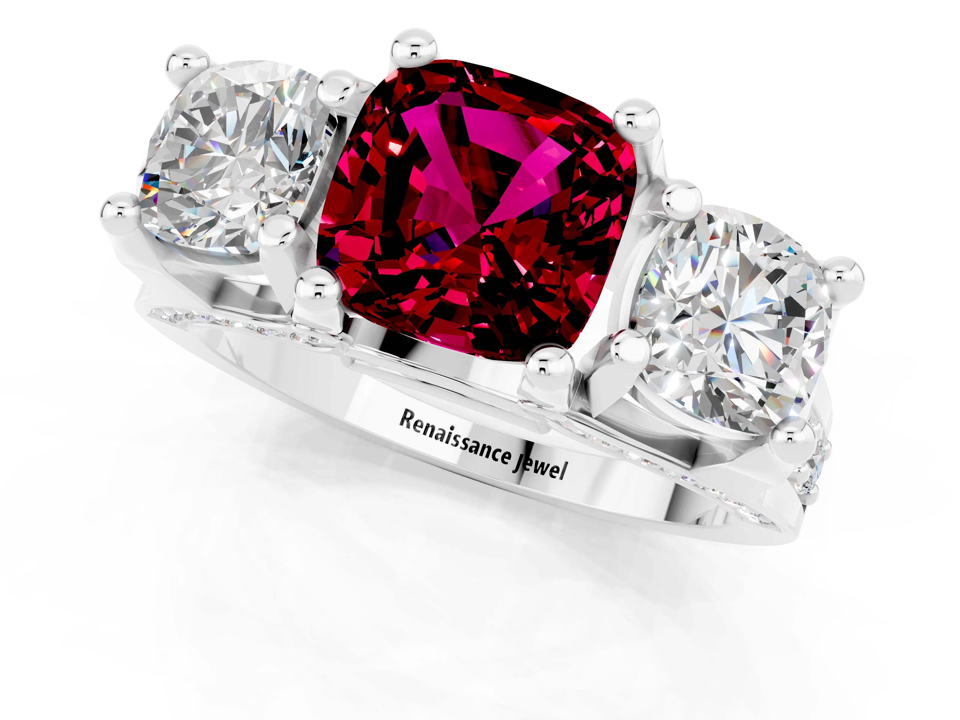 White gold Cushion Cut Garnet Three-Stone Ring with Channel Set Band and Four-Prong Setting_1