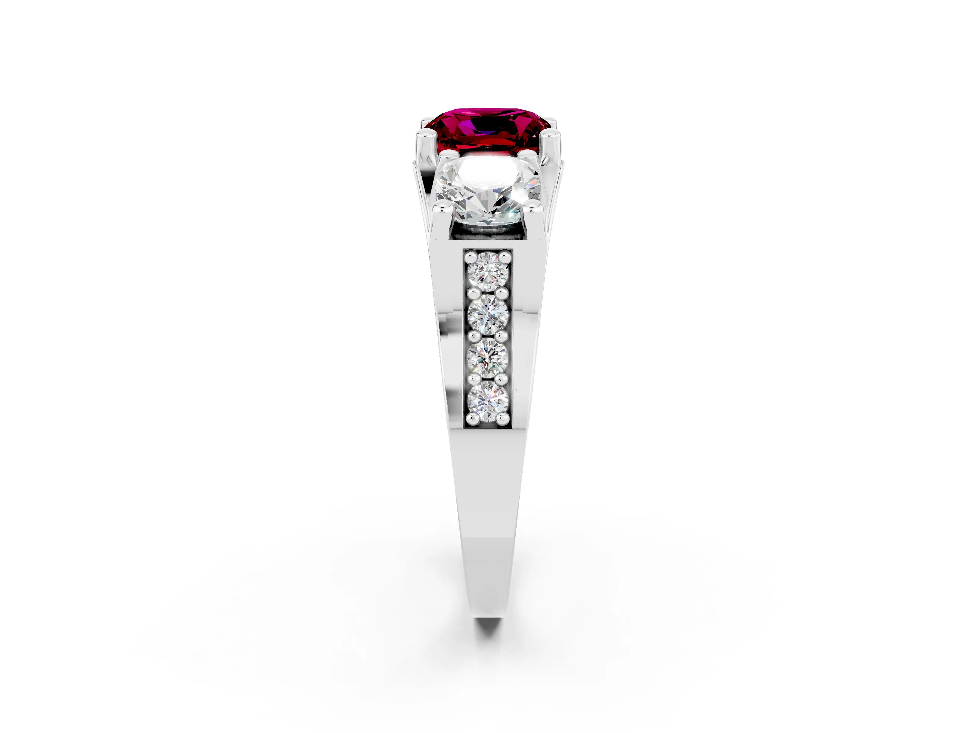 White gold Cushion Cut Garnet Three-Stone Ring with Channel Set Band and Four-Prong Setting_2