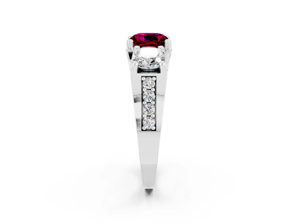 Platinum Cushion Cut Garnet Three-Stone Ring with Channel Set Band and Four-Prong Setting
